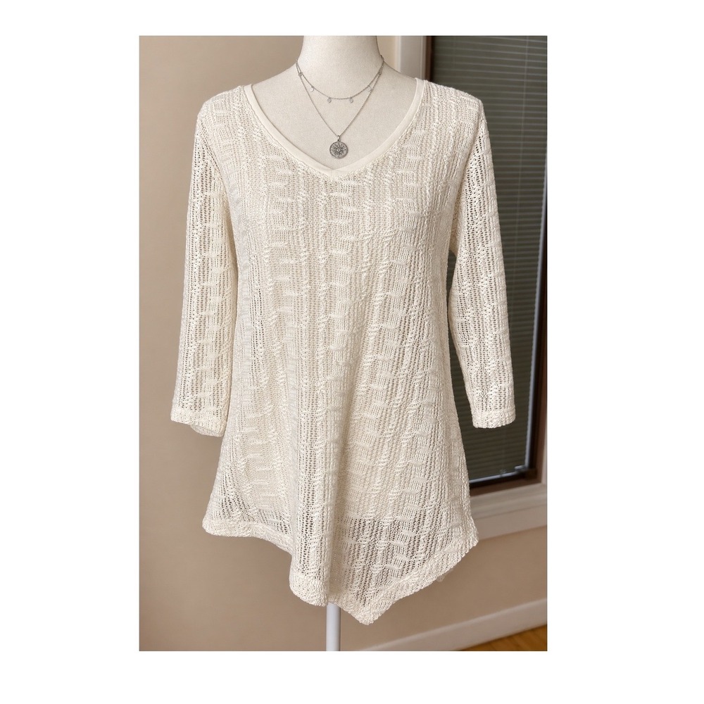Chicos Easywear Tunic Top 1 Cream Knit Open Weave Coastal Grandma Romantic